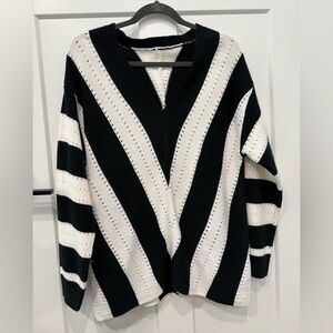 Black & White Striped V-Neck Sweater